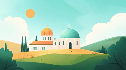 Two White Churches with Orange and Blue Domes on a Green Hill