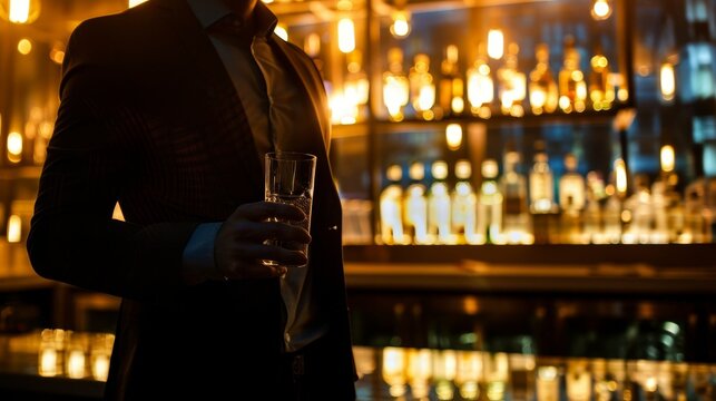 Man in suit holding glass of water, symbolizing sobriety and alcohol safety, amidst bar counter with empty alcohol bottles.	