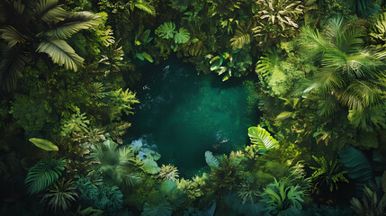 An aerial view of a lush jungle canopy with a hidden lagoon in the center. the scene is full of vibrant greens and lush vegetation. Hidden Lagoon Sanctuary. Illustration