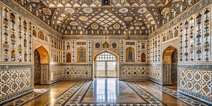 Intricate mirror mosaic design on the walls of Sheesh Mahal in Amber Fort, Jaipur, Rajasthan, India, mirror, mosaic