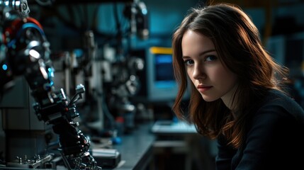 Young Woman in Laboratory with Advanced Technology and Robotics