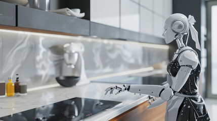 AI Robot in Housemaid Outfit Wiping Kitchen Counters in a Contemporary, Stylish Home Interior