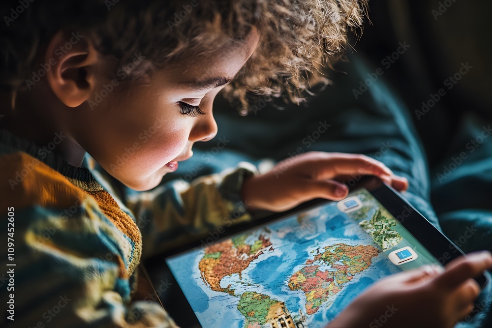 Poster child interacting with a tablet displaying a colorful world map.