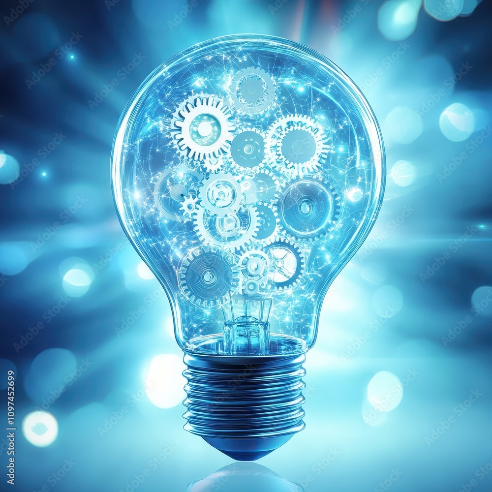 Poster innovative idea abstract 3d render of light bulb with interlocking gears representing creativity, te