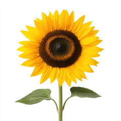 Obraz premium Bright yellow sunflower with dark center and green leaves, symbolizing joy and warmth. This vibrant flower stands tall, showcasing its beauty and natural elegance