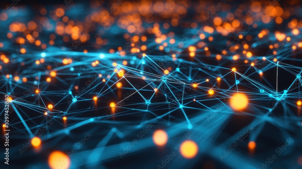 Poster abstract network connection glowing nodes and lines in vibrant blue and orange - digital technology 