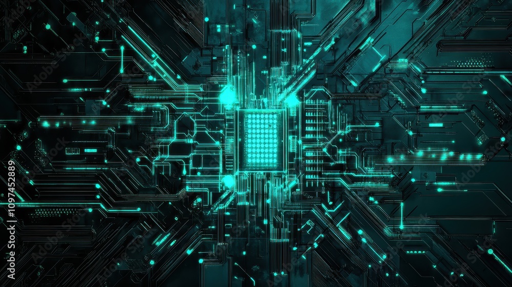Poster futuristic teal and black circuit board texture abstract technology background with glowing lines an