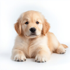 Fototapeta premium Fluffy golden retriever puppy lying on white background, looking adorable and playful. This charming puppy exudes warmth and joy, perfect for pet lovers