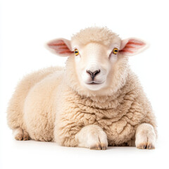 Fototapeta premium fluffy sheep lying on white background, showcasing its soft wool and gentle expression. This adorable animal exudes calm and peaceful vibe, perfect for nature lovers