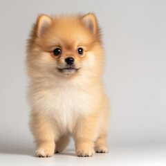 friendly Pomeranian puppy with fluffy fur standing on white background, showcasing its playful and adorable nature. This charming dog is sure to bring joy to any home