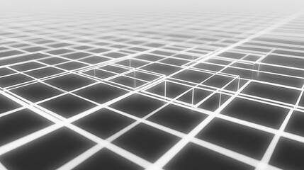 Wireframe cube grid with depth, simulating data pathways and digital flow across layers