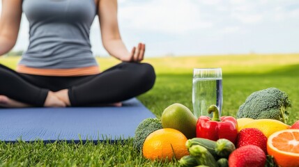 A woman meditates on a yoga mat outdoors, surrounded by fresh fruits and a glass of water, promoting wellness and healthy living.
