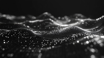 Wireframe grid with floating points forming a data network in cool, ambient tones