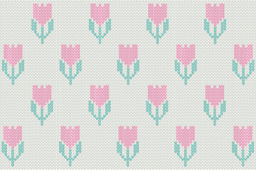 Knitting vector illustration. Knitting flower pattern. Seamless cute tulip pattern. Winter fabric pattern. Pastel background.