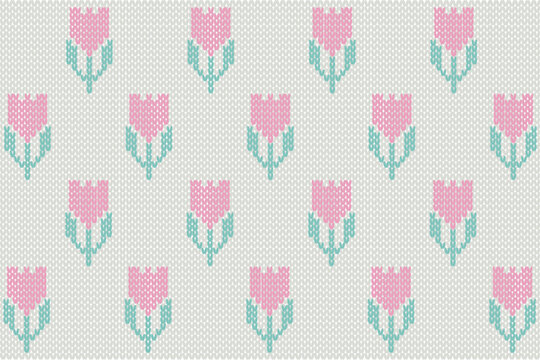 Knitting vector illustration. Knitting flower pattern. Seamless cute tulip pattern. Winter fabric pattern. Pastel background.