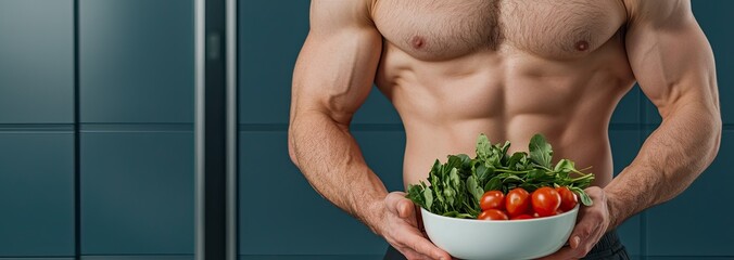 A muscular man holds a bowl of fresh vegetables, emphasizing a healthy lifestyle and nutrition in a modern kitchen setting.