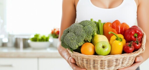 A woman holds a basket of fresh vegetables and fruits in a bright kitchen, showcasing a healthy lifestyle and vibrant colors.