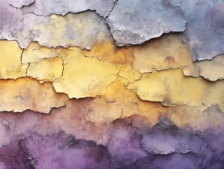 Fototapeta premium Abstract texture of cracked paint in gradient hues of yellow, purple, and blue.