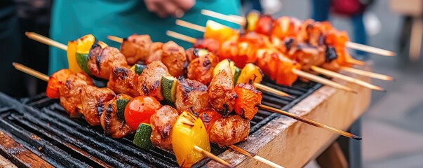 Grilled skewers with colorful vegetables and marinated meat roasting on a barbecue, showcasing a delicious outdoor cooking scene.