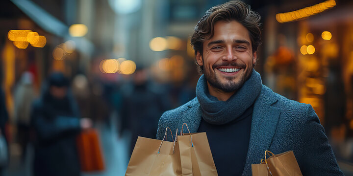 perfect smile, clean theets, a handsome man in suit with dark hair and beard running down the street, holding shopping bags from high-end stores, smiling at camera, motion blur effect.