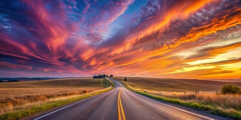 Naklejka premium Serene Asphalt Road Winding Through Golden Fields Under a Vibrant Sunset Sky