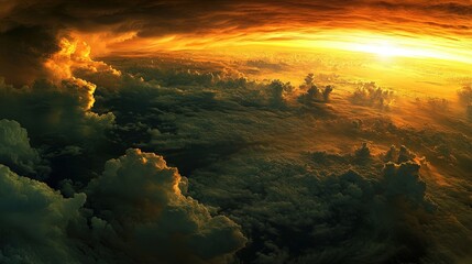 Fototapeta premium Fiery sunset over a sea of dramatic clouds.