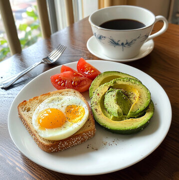 photo of a served plate on the table, featuring a breakfast of rustic bread toast with avocado and soft-boiled egg