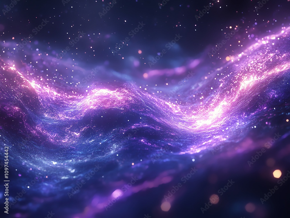 Poster a vibrant cosmic scene showcasing swirling colors and sparkling stars in a galaxy-like setting.