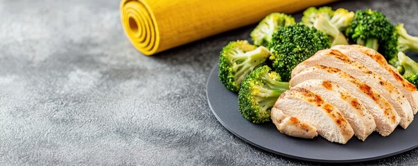 Grilled chicken breast served with steamed broccoli on a plate, accompanied by a rolled yellow kitchen towel, showcasing a healthy meal.
