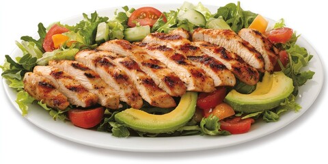 Grilled chicken breast served on a bed of fresh greens, tomatoes, and avocado slices, creating a colorful and healthy meal.