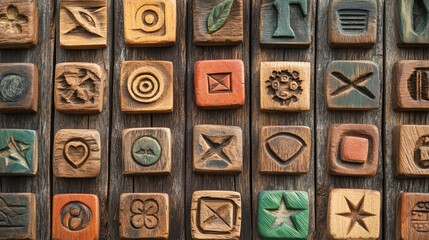 Wooden data symbols arranged in rows, carved by hand and painted with rustic tones on a natural wood background