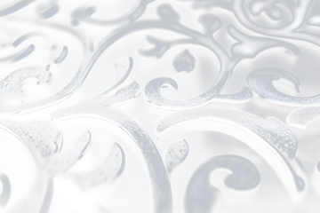 Close-up of ornate, metallic, silver filigree pattern on dark Transparent Background.