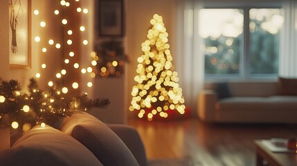 Fototapeta premium Cozy Christmas Living Room Decorated With Lights