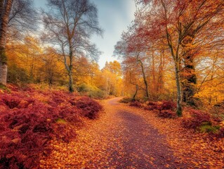 Obraz premium Scenic Autumnal Pathway Vibrant Fall Foliage, Forest Road, Golden and Red Leaves