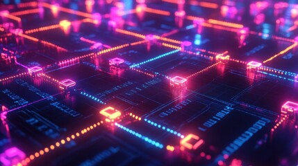 Obraz premium Abstract Neon Circuit Board Glowing Pink, Orange, and Blue Digital Network Technology Background