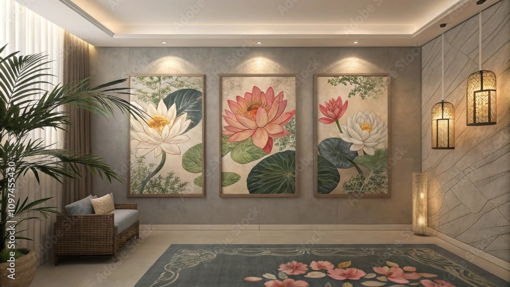 Poster surrounding the botanical prints a muted backdrop enhances their vivid colors while subtle textures 