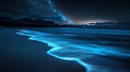 Fototapeta premium Bioluminescent Waves Crashing on a Dark Sandy Beach Under a Starry Night Sky - Stunning Night Seascape Photography