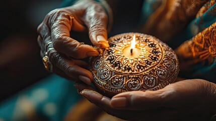 Close-up of Hands Holding a Burning Ornate Candle