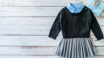 Flat lay of school uniform black sweater, pleated skirt, and light blue shirt on white wood.