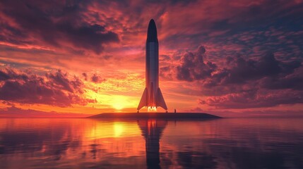 Futuristic Rocket Launch at Sunset Dramatic Space Exploration Image with Vibrant Sky and Calm Ocean Reflection