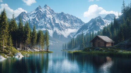Fototapeta premium Serene Mountain Lake Cabin Idyllic Log House by Tranquil Water with Majestic Snow-Capped Peaks, Alpine Forest Scenery