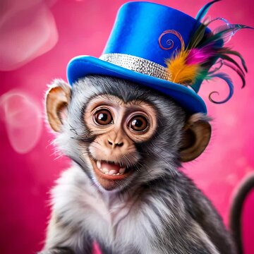 Playful monkey in blue top hat against pink background. Creativity, fun, and curiosity concept
