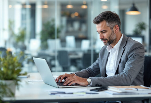 A professional man in a gray suit is focused on his laptop in a bright, modern office. The workspace is clean, with a calm atmosphere, emphasizing productivity and successful business endeavors.