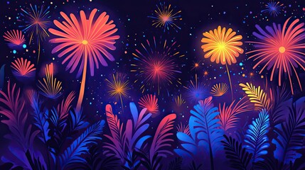 Abstract Nighttime Tropical Scene with Neon Fireworks and Palm Leaves