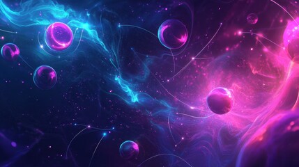 Abstract Nebula Background Vibrant Pink and Blue Cosmic Clouds with Glowing Spheres and Energetic Lines - Digital Art