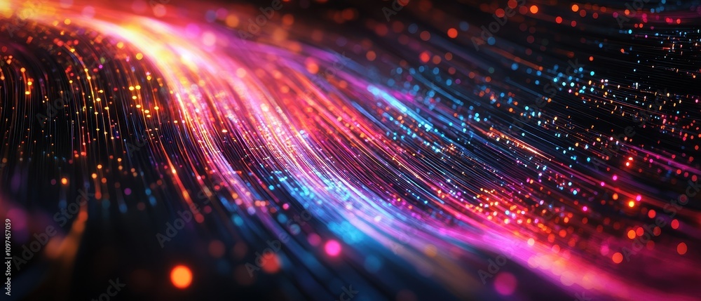 Poster abstract colorful fiber optics background glowing neon lines and bokeh lights for technology, data, 
