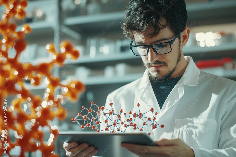 Aufkleber scientist examining molecular models on digital tablet in laboratory setting, demonstrating research
