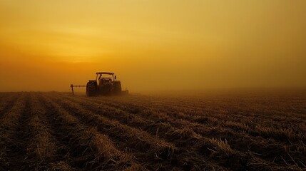 Fototapeta premium Serene Sunrise: Tractor in a Foggy Field