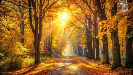 Fototapeta premium Golden Sunlight Illuminates a Path Through Autumnal Trees, Creating a Magical Forest Scene
