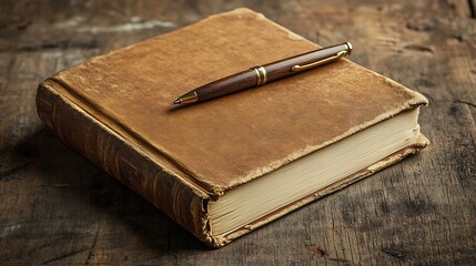 Antique Book and Wooden Pen Resting on Wood